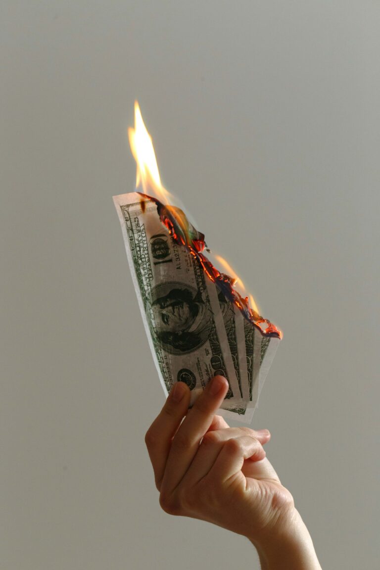 hand holding burning dollar bills to represent money wasted on technology that no one uses